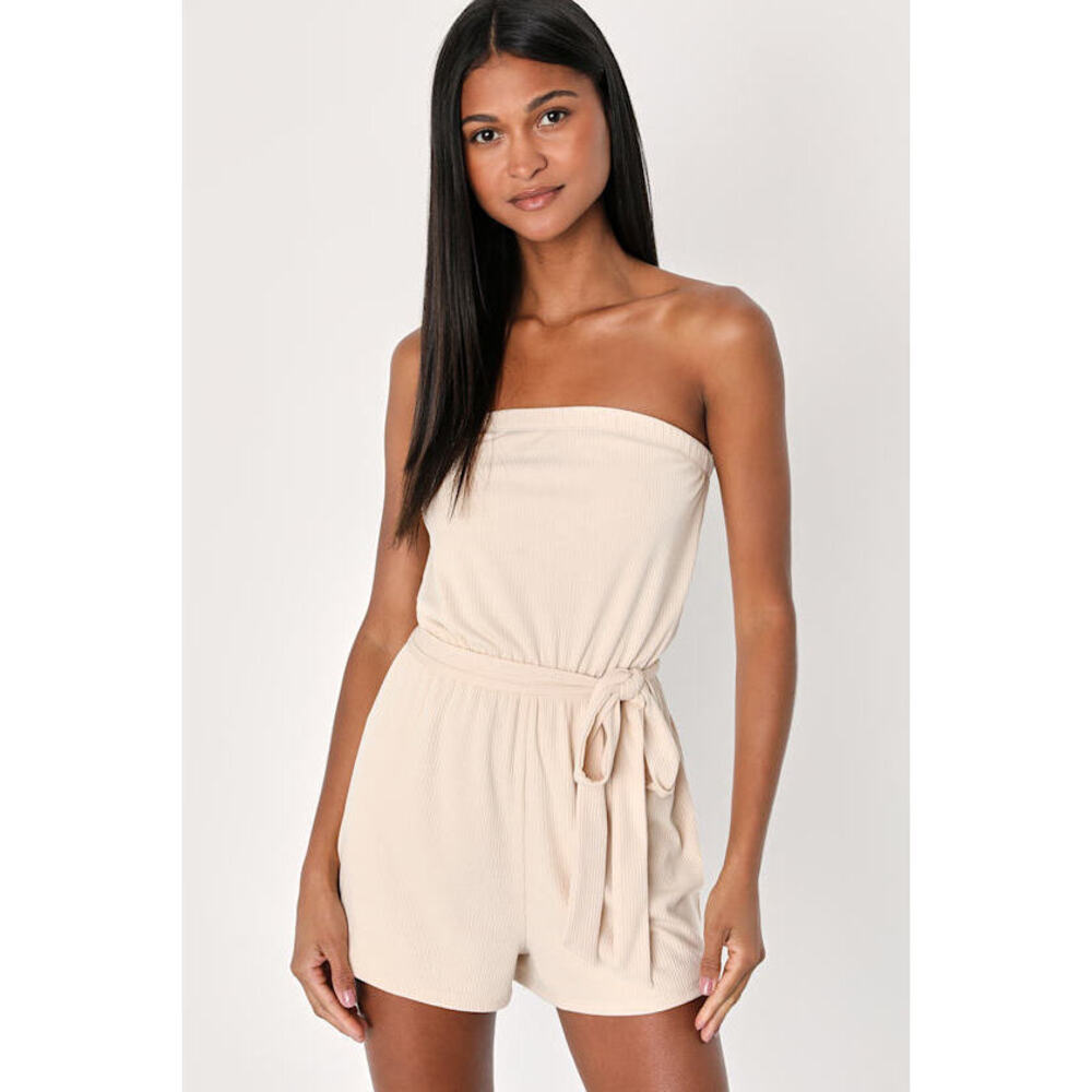 Lulus Leisurely Moments Beige Ribbed Knit Strapless Lounge Romper - Size L